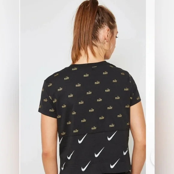 Nike metallic crop tee. Black w gold & white logo swoosh print. - Picture 3 of 7